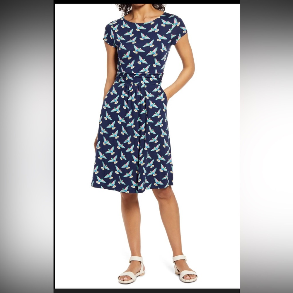 Boden Blue and White A-Line Midi Dress with Flutter Sleeves